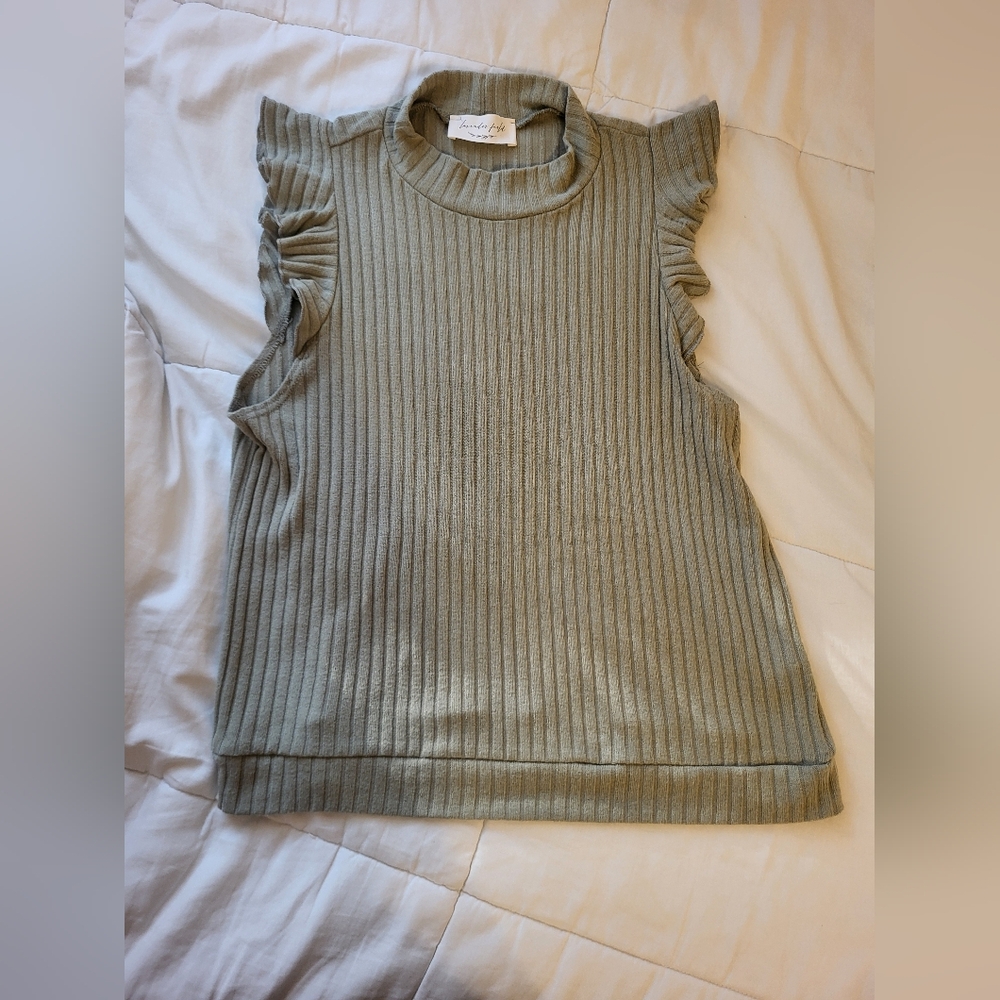 Ruffled Sleeve Ribbed Top in Sage Green